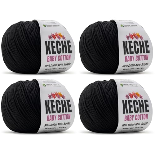 Keche Cotton Yarn, 60% Cotton 40% Acrylic Yarn, Soft Cotton Yarn for Crochet and Knitting, Amigurumi Yarn 4 Skeins/Balls [1.76 Oz (50g) / 180 Yrds (165m)] x 4 - Black - color: BLACK, size: 4 SKEINS