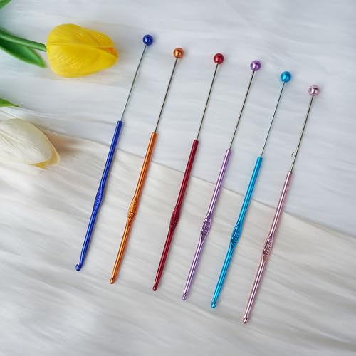 6 Pack DIY Beadable Crochet Hooks Knitting Needles Set Aluminum Handle for Focal Beads Colors (Blue Purple Red Orange Pink Light Blue, 4 mm) - size: 4 mm