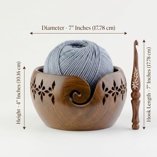 Rosewood Yarn Bowl with 13 Crochet Hooks Set – Handmade Wooden Knitting Bowl Holder with Spiral Slot, Large 7” Yarn Organizer, Complete Crochet Kit for Beginners & Professionals - color: Setof13+CarvedBowl