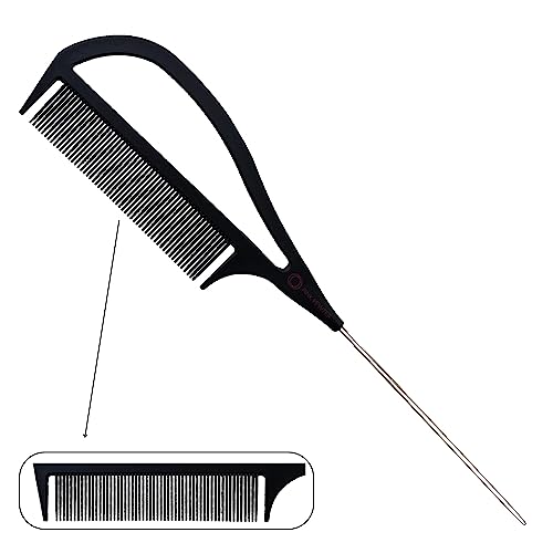 Authentic "Never Let Go" Carbon Fibre Professional Styling Comb, Balayage and Highlighting Long Tail Metal Pick Teaser Comb (#2)