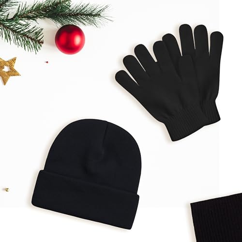 12 Pack Winter Beanies & Gloves Set, Stretchy Knit Unisex Men Women Toboggan Skull Cap - color: Black