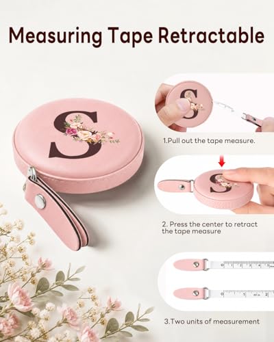 Maicican Retractable Tape Measure, Pink Leather Sewing Measuring Tape, S | with Initial A-Z, 60"/1.5m Soft Sewing Measuring Tape for Body Measurements, Portable Small Fabric Ruler - color: Tape Measure-Pink S