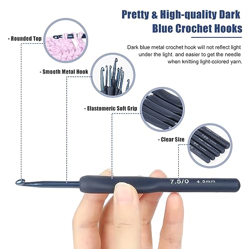 Coopay Dark Blue Crochet Hooks, Soft Crochet Hook Set for Arthritic Hands | 9pcs 2.0-6.0mm Soft Touch Crochet Needles Ergonomic Soft Grips for Beginners/Professionals, Exquisite Crocheter Gifts - color: Dark Blue