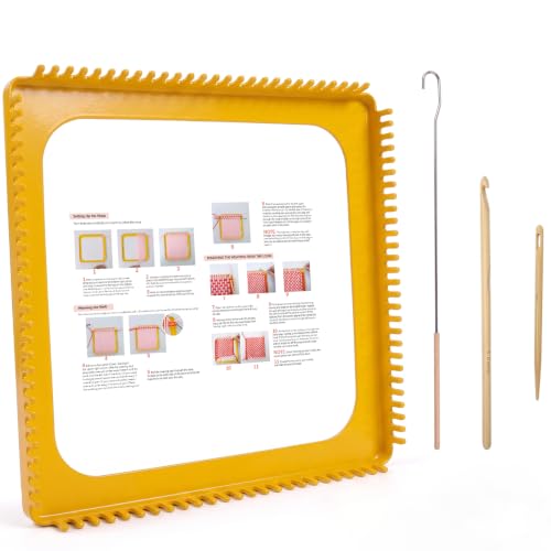 ULIONTAC Solid Metal Square Weaving Loom Tool Potholder Set (10inch,Yellow) | Crochet Knitting Sewing DIY Set Craft Elastic Hoop and Yarn Weave Plate Beginner-Friendly - color: 10inch, Yellow