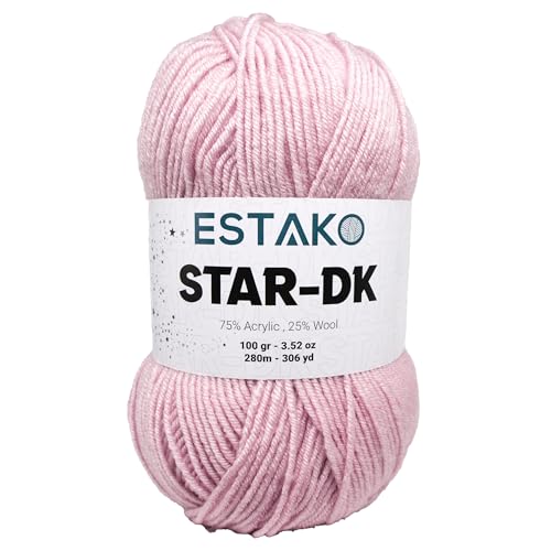 Estako Star-DK Soft Yarn for Crocheting, DK Weight 3 Wool, Powder | 75% acrylic 25% wool, 100 g, 306 yds, amigurumi, granny squares, socks, beanies, mittens, plush toys, machine washable - color: 30699 - Powder, size: Pack of One