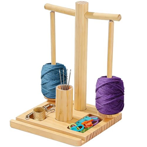 DOUBFIVSY Wooden Yarn Holder for Crocheting and Knitting, Magnetic Rotating Yarn Spinner with 2 Spindles, Phone Holder, Needle Storage, Crochet Gift for Knitting Lovers, Women Grandma Mother (Natural) - color: Natural