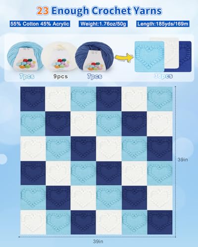 Coopay Crochet Kit for Beginners, 3D Heart Granny Square Blanket Kit, Set B | Complete Bobble Stitch Crochet Blanket Kit with Video Tutorial, Easy DIY Crochet Kit for Adults, Ideal Crochet Gift - color: Blue/White Heart-Shaped