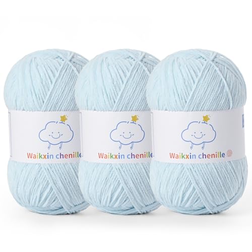Fluffy Chenille Yarn for Crocheting，Baby Yarn for Crocheting Soft，3 Pack of 100g/3.5oz Velvet Amigurumi Yarn ，Fingering Weight Yarns for Crocheting Baby Blankets、DIY Craft.(3 Baby Blue) - color: 3 Baby Blue