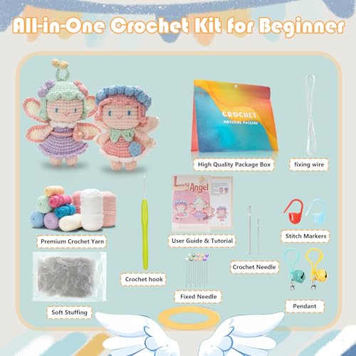 Crochet Kit for Beginners, Crochet Starter Kit with Step-by-Step Video Tutorials, Easy Beginner Crochet Kit for Adults, Crochet Animals Crafts Crochet Kits, Easy Knitting Kit. (Cute Angel 2 Pick)