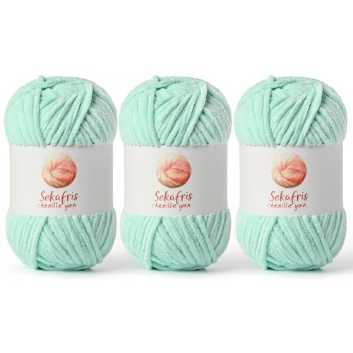 Chenille Yarn for Crocheting, Size 5 Bulky,3 Mint Green | 300g/393yds Soft Chunky Velvet Yarn for Crochet and Knitting,Fluffy Baby Yarn for Amigurumi,Blankets and DIY Crafts. - color: 3 Mint Green