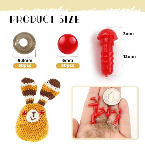 TOAOB 50pcs 6mm Mini Safety Eyes for Amigurumis Plastic Crochet Red Eye | Crafts Doll Safety Eyes with Washers, for DIY Crocheting Small Animals Doll, Making Supplies - size: 6mm