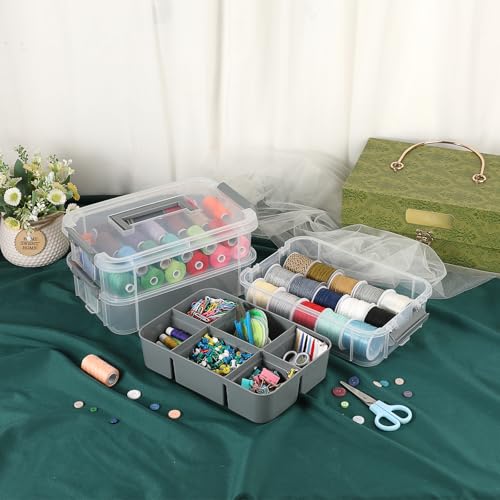 JUXYES 3-Tiers Plastic Stack Carry Storage Containers Box wih Handle Lids | 2 Pack Clear Stackable Craft Storage Bin for School & Office Supplies, Organizing Stationery, Sewing, Art Craft, DIY Supplies - color: Gray