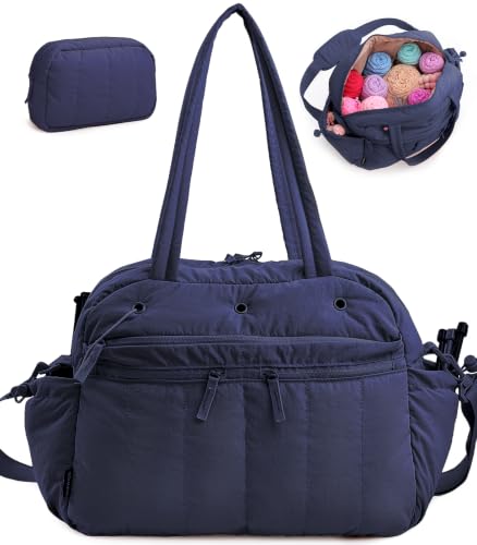MYBAGZING Stylish Crochet Bag Organizer with Crochet Hook Case, Large Capacity Yarn Bag for Crocheting on the Go, Soft Quilted Crochet Tote with 7 Compartments, Knitting Project Carry-On Travel Gift - color: Navy