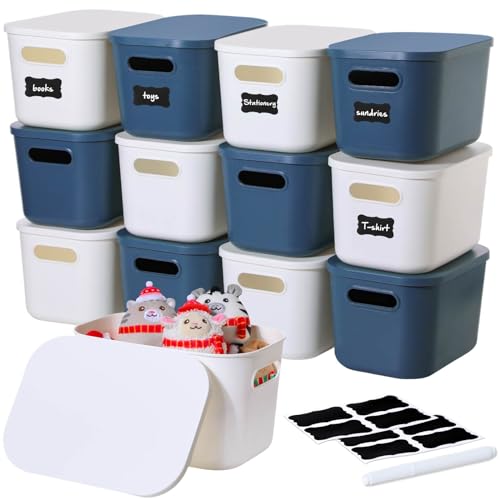 Thyle 12 Pack Blue White Plastic Storage Bins with Lids, Back to School Stackable Storage Container with Handle Label for Organizing Toy Craft for Classroom Shelf Bedroom Office 10 x 7 x 6 Inch - color: Blue, White