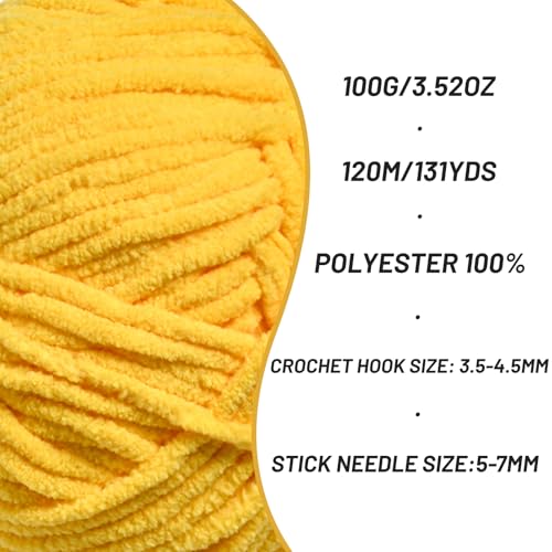 3 Packs Plush Chenille Chunky Crochet Yarn - Baby Yarn for Crocheting Soft - Velvet Yarns Knitting for Blankets Crafts - Fluffy Amigurumi Yarns 300g / 393yd (3 Golden Yellow) - color: 3 Golden Yellow