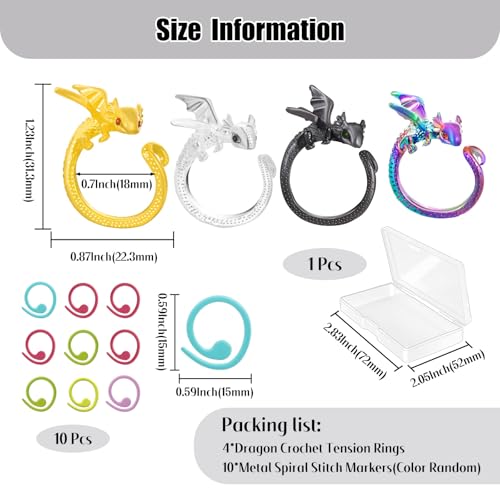 HUISUYTON Dragon Crochet Rings, 4Pcs Crochet Tension Rings | Adjustable Yarn Ring for Finger, Knitting Crochets Loop Ring for Women Mother Grandma Gifts - color: Colorful