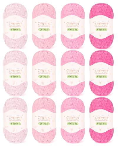 Coopay Skinny Chenille Yarn for Crocheting & Knitting, Pink Gradient | Crochet Yarn Set - 600g Total, Velvet Yarn for Colorful Crafts, Blankets, Plush Dolls, Decorative Handmade Works - color: Light Pink Tones, size: #2 Thin