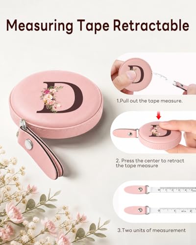 Maicican Retractable Tape Measure, Pink Leather Sewing Measuring Tape, D | with Initial A-Z, 60"/1.5m Soft Sewing Measuring Tape for Body Measurements, Portable Small Fabric Ruler - color: Tape Measure-Pink D