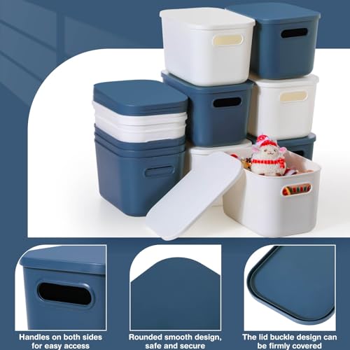 Thyle 12 Pack Blue White Plastic Storage Bins with Lids, Back to School Stackable Storage Container with Handle Label for Organizing Toy Craft for Classroom Shelf Bedroom Office 10 x 7 x 6 Inch - color: Blue, White