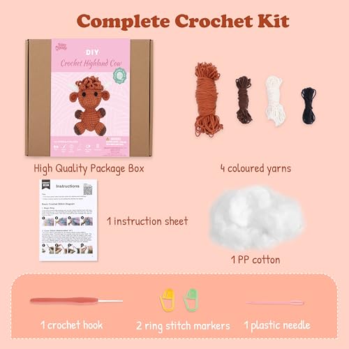 HOUSE CREATIVITY Crochet Kit for Beginners, Make a Highland Cow, Amigurumi Starter Kit with Step-by-Step Video Tutorial, Yarn, Hook & Stuffing, Stress Relief DIY Craft Gift for Adults - color: Cow