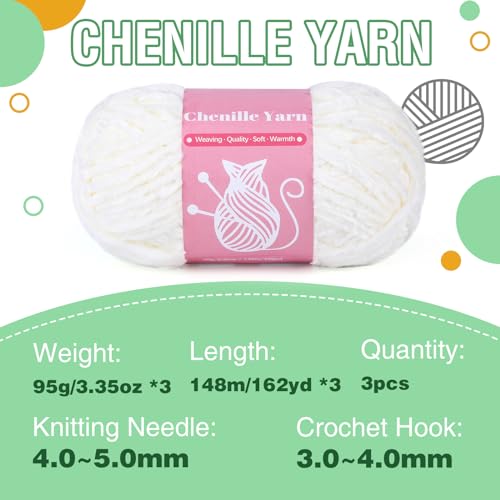LUNARM Chenille Yarn for Crochet Knitting Chunky Blanket Velvet Yarn | 3 Pack 3.5oz/100g 486 Yard Milky White Chenille Yarn for Beginners Knitting Scarves with Big Eye Needles Machine Washable - color: Milky White
