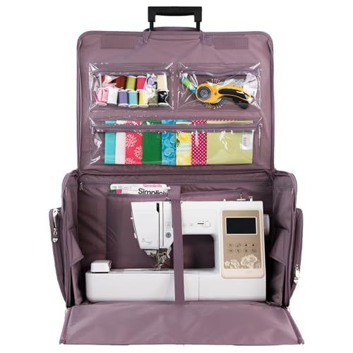 Everything Mary XXL Rolling Sewing Machine Case – Purple Quilted Craft Bag with 4 Wheels – Spacious Storage Organizer with Pockets for Sewing & Craft Supplies - color: Purple