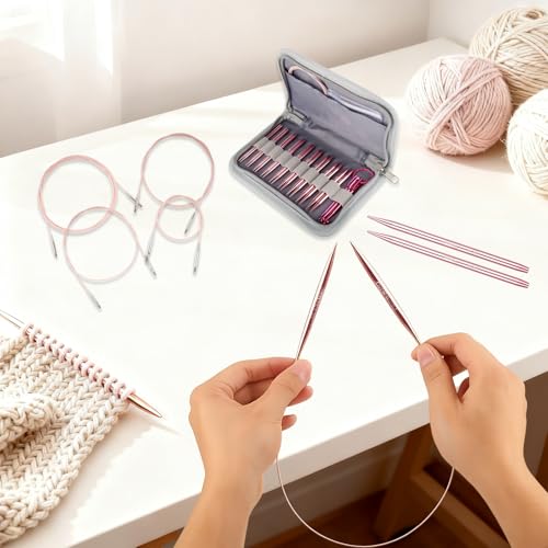 Svartur 3in Interchangeable Circular Knitting Needles Set, Short Interchangeable Knitting Needles with 4 Assorted Cables, Accessories and Case, 9 Pairs, Pink - color: Pink-3in-9 Pairs