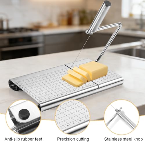 Penitue Cheese Slicer Board with 5 Replacement Wires, Stainless Steel Block Cheese Cutting Board Butter Slicing Cutter Kit with Measurement Grid Non-Slip Feet for Butter Fruits & Vegetables