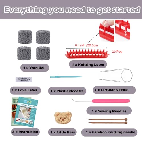 Novelchet Knitting Loom Kit for Scarf, Easy Knitting Set with Instructions | Learn to Knit kit Including Knitting Needles Set Plush Yarn - color: Gray
