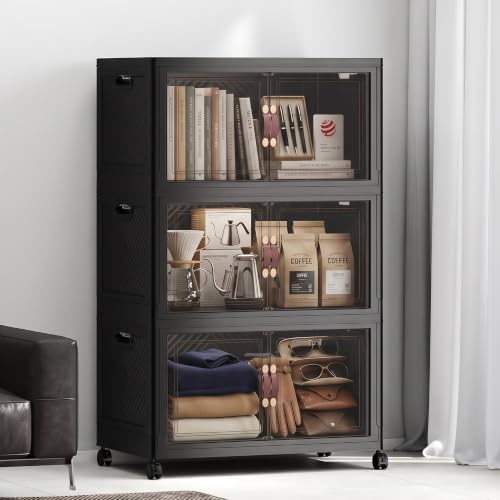 UAMFURI Stackable Storage Bins with Lids, 330QT Lockable Storage Cabinet | Closet Organizers, Foldable Storage Box with Doors and Wheels, Plastic Drawers for Home, Garage, Office (3, Black, Plus) - color: Black, size: Plus