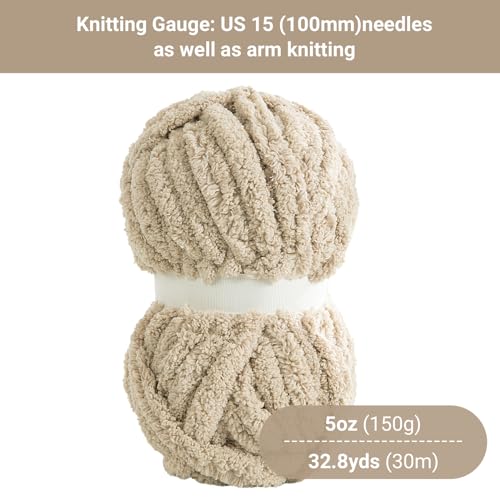 HOMBYS Khaki Chunky Chenille Yarn for Hand Knitting,Fluffy Soft Jumbo Yarn Crocheting,Super Bulky Big Yarn for Chunky Blanket,Large Thick Arm Knitting Yarn,8 Pack Plush Fuzzy Yarn - color: Khaki