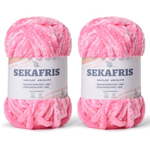 Chenille Velvet Soft Yarn Pink 2 Pack | 200g/98.4yds Fuzzy Chunky Chenille Yarn for Crocheting Plush Yarn for Hand Knitting Amigurumi Fluffy Yarn - color: 2 Pink