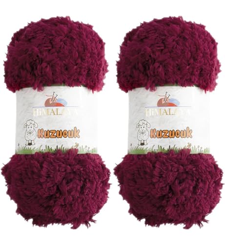 Himalaya Kuzucuk 2 Pack of Super Bulky Faux Fur Yarn 100% Polyester for Baby Blanket Chunky Thick Super Soft Plush Yarn for Crochet, Fluffy Yarn for Knitting (7.05 oz, 87 yds Each Skein) col.85617 - color: Burgundy