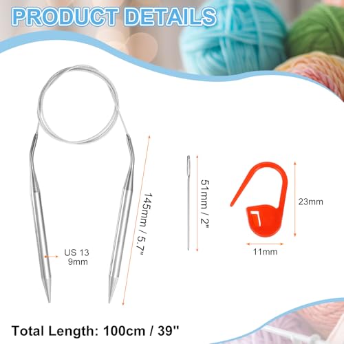 HARFINGTON Knitting Needles Size US 13(9mm) Circular Needle 39 Inch(100cm) Round Metal Stainless Steel Needle with Needles for Handmade Projects DIY Knitting - size: Size-US-13-(9mm) x 100cm