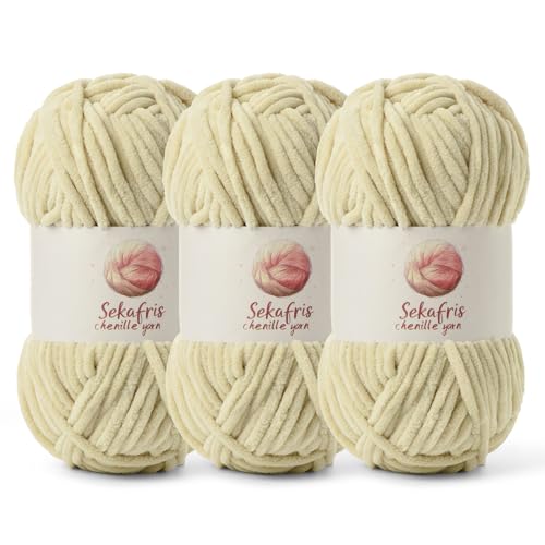 3 Pack Chunky Chenille Yarn for Crocheting, Baby Yarn for Crocheting Soft Blanket, 262.4 yds /10.5 oz Crochet Yarn, Bulky 5 Amigurumi Yarns, Fluffy Velvet Yarns for Knitting Crafts (3 Beige) - color: 3 Beige