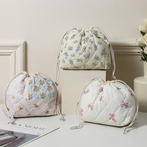uekeboag Cotton Quilted Drawstring Makeup Bag（08Pink Flower） | Small ,Canvas Lining, Foldable Coquette Aesthetic Cute Travel Toiletry Bag,Drawstring Gift Bag for Women and Girls - color: 08Pink Flower