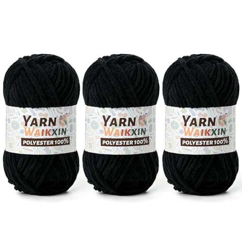 3 Black Soft Chenille Yarn for Crocheting, Fluffy Chunky Crochet Yarn for Baby Blanket, (10.58oz/393yds) Fuzzy Velvet Yarn for Amigurumi&DIY Puzzle、Crafts、Scarf - color: 3 Black