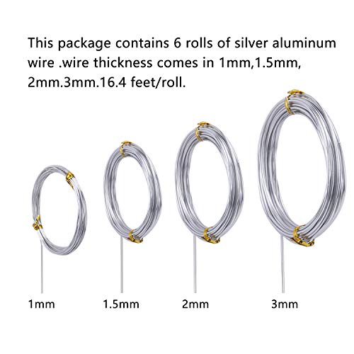 6 Rolls Silvery DIY Craft Art Aluminum Wire, 1mm, 1.5mm, 2mm, 3mm in Diameter