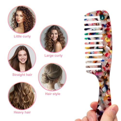 Large Wide Tooth Hair Comb Tortoise Shell Comb for Thick Curly Hair | Cellulose Acetate Hair Detangling Comb Round Tooth for Women Men or Kids, Anti-Static Wet or Dry, Multi-colored - color: Multi-colored