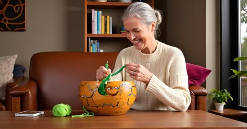 Wooden Yarn Bowl for Crocheting, 7x4inch Large Yellow Teak Crochet Holder Gift Accessories and Knitting Gadgets Supplies Handcrafted with Fractal Wood Burning & Blue,White,Black Resin Inlay (H-Multi) - color: H-Multi