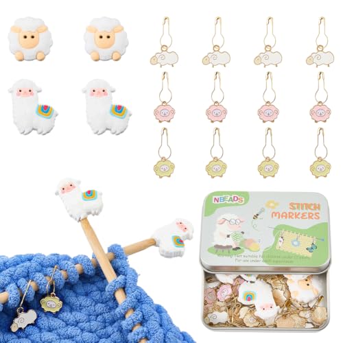 NBEADS 34 Pcs Sheep Alpaca Stitch Markers Kit, Including 30 Pcs Alloy Enamel Locking Stitch Markers and 4 Pcs Shee Alpaca Silicone Needle Stoppers Knitting Markers for Crochet Projects