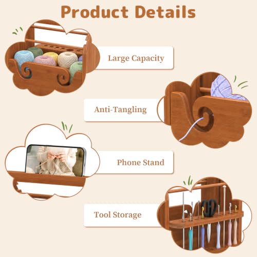 Upgraded Yarn Holder for Crocheting, Bamboo Yarn Holder (Brown) | Built-in Phone Stand, Bottom Storage, Tangle-Free Dual Rods & Tool Holder, Ideal Crochet Accessories for Skein, Ball Yarn - color: Brown Upgraded Yarn Holder