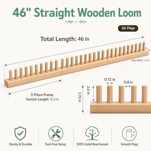 46-Inch Chunky Blanket Loom, Adjustable 3-Section Wooden Frame | Modular Design, No-needle Required, for Chunky Yarn Blankets, Lap Throws, Pillow Covers, and Beginner DIY Knitting Projects