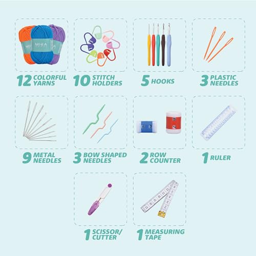 Mira HandCrafts Crochet Kit for Beginners - Essentials Set with 12 Acrylic Yarn Skeins and Other Knitting Accessories, Including Ruler, Hooks, Needles, Stitch Holders, Row Counters, Measuring Tape - size: 12 Pack Kit