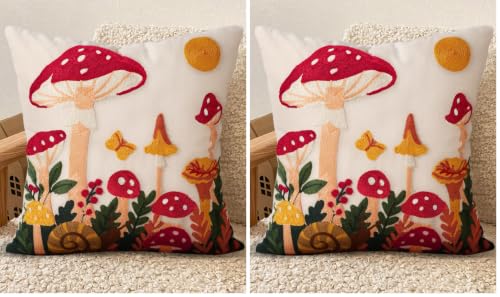 Embroidered Throw Pillow Cover 18x18 Inch - Spring Summer Boho Decorative Pillow Cover with Zipper for Living Room Couch Sofa Bed Aesthetic Design Mushroom Moon Cushion Pillowcase (Pack of 2) - color: Mushroom Moon, size: 18" x 18" (Pack of 2)