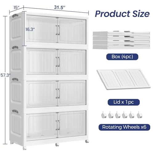 160Gal Extra Large Stackable Storage Bins with Lid, 640QT Foldable Collapsible Storage Box with Doors & Wheels, Plastic Organizer for Bedroom Kitchen Garage Dorm, 4Pack - size: 40Gal-4Pack