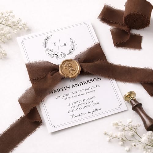 DORIS HOME Handmade Fringe Chiffon Ribbon 1" x 21Yd Terracotta & Ivory | Fabric Ribbon, For Flower Bouquet/Gift Wrapping/Wedding Invitations/Fall Decorations - color: Terracotta & Ivory