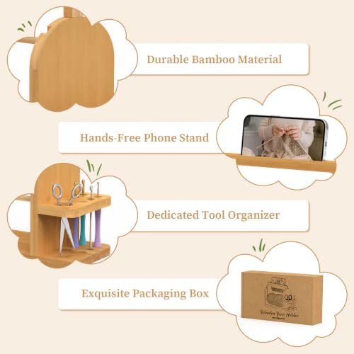 sandpaint Crochet Yarn Holder, Bamboo Wood Yarn Holder for Crocheting | Built-in Phone Stand, Tangle-Free Dual Rods & Tool Holder, Ideal Crochet Accessories for Skein, Cake, Ball Yarn - color: Wood Basic Yarn Holder
