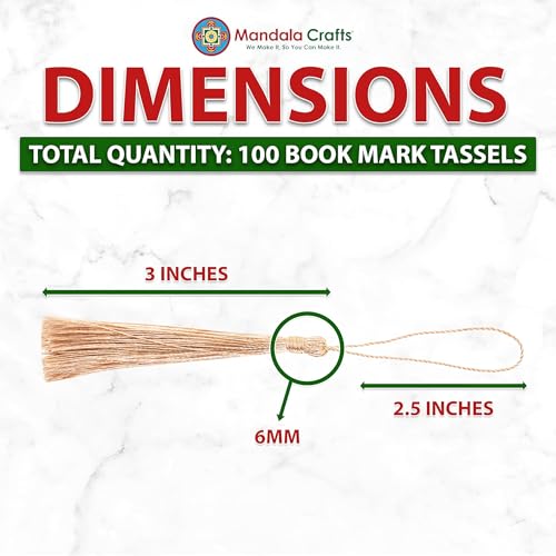 Mandala Crafts 100 Champagne Silky Bookmark Tassels with Loops for Crafts | Machine Washable, Polyester Mini Craft Tassels for Jewelry Making, Graduation Decorations, Keychains, Gift Tags & Ornaments - color: Champagne, size: 5.5 Inches