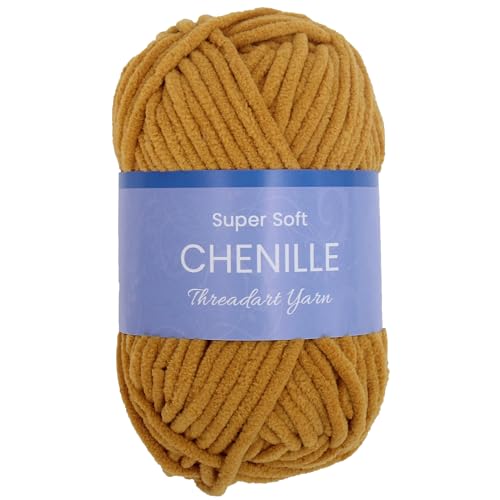 ThreadArt Chenille Yarn for Crochet, #5, Mustard 13 | Super soft plush chenille yarn for crochet, knitting, amigurumi, blankets and toys. Fluffy #5 weight, 50g/60yd skeins. - color: MUSTARD, size: SINGLE